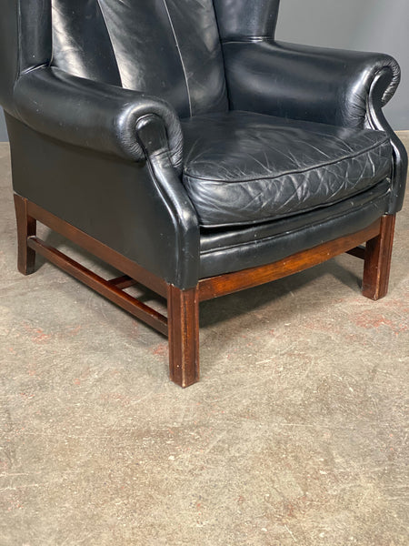 Mid 20th Century Black Leather Wing Back Arm Chair