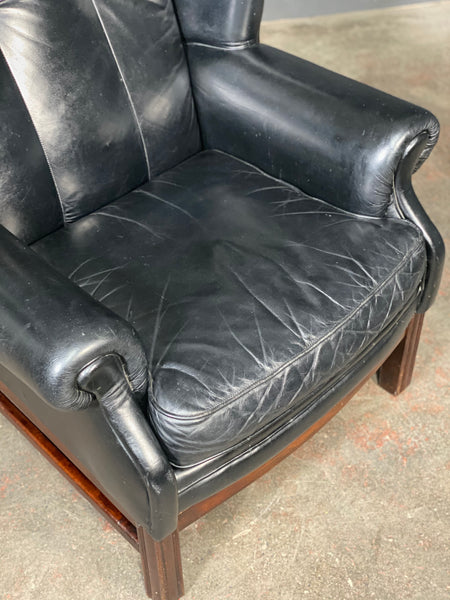Mid 20th Century Black Leather Wing Back Arm Chair