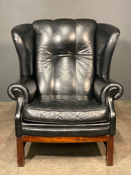 Mid 20th Century Black Leather Wing Back Arm Chair