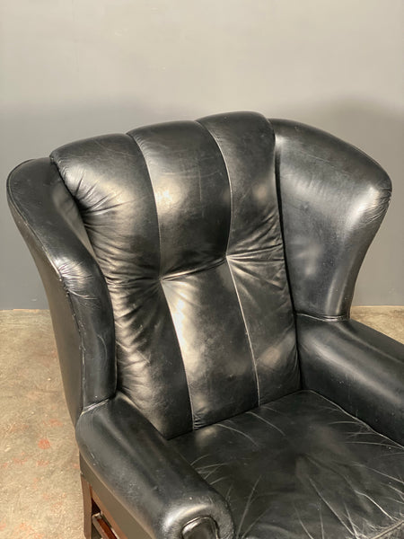 Mid 20th Century Black Leather Wing Back Arm Chair