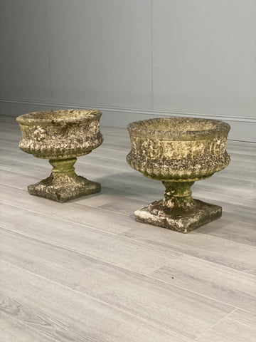 Pair Of Antique Weathered Composite Stone Urns